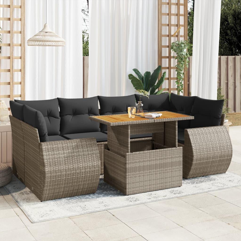 7 Piece Garden Sofa Set with Cushions Grey Poly Rattan