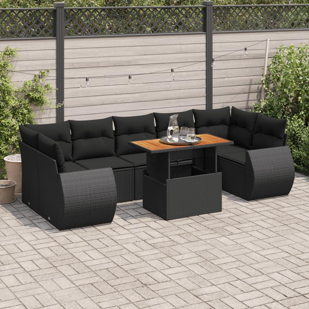 8 Piece Garden Sofa Set with Cushions Black Poly Rattan