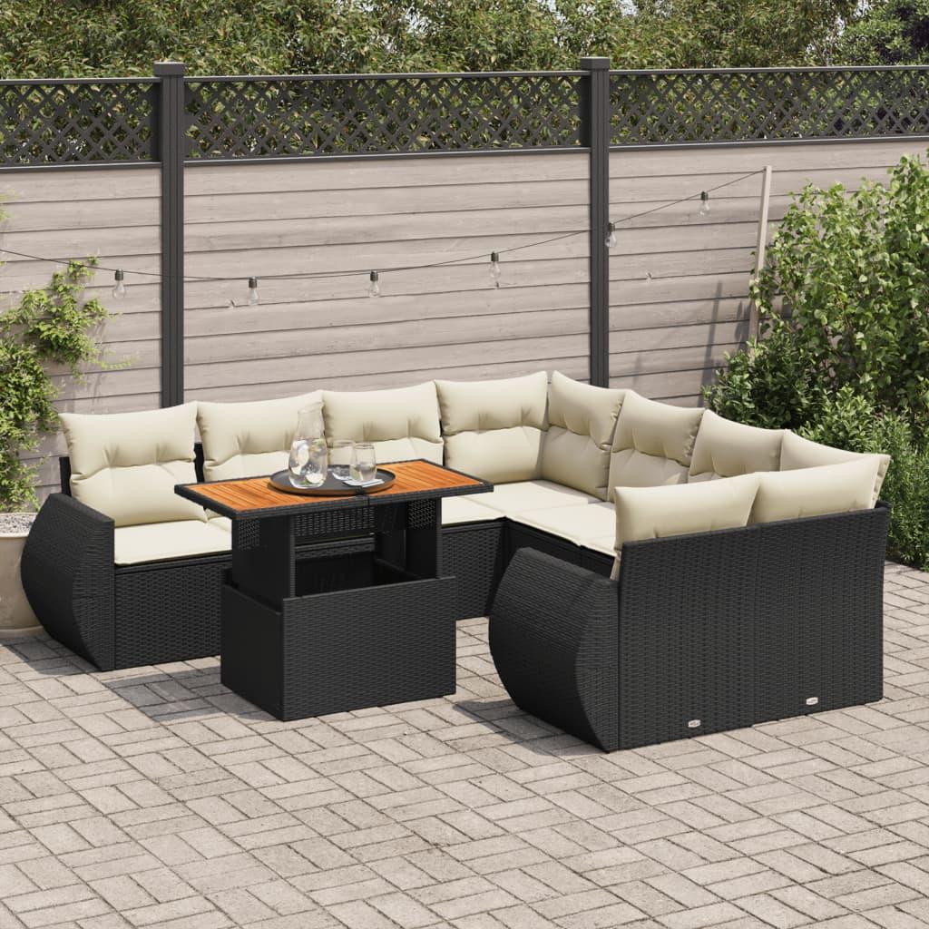 9 Piece Garden Sofa Set with Cushions Black Poly Rattan