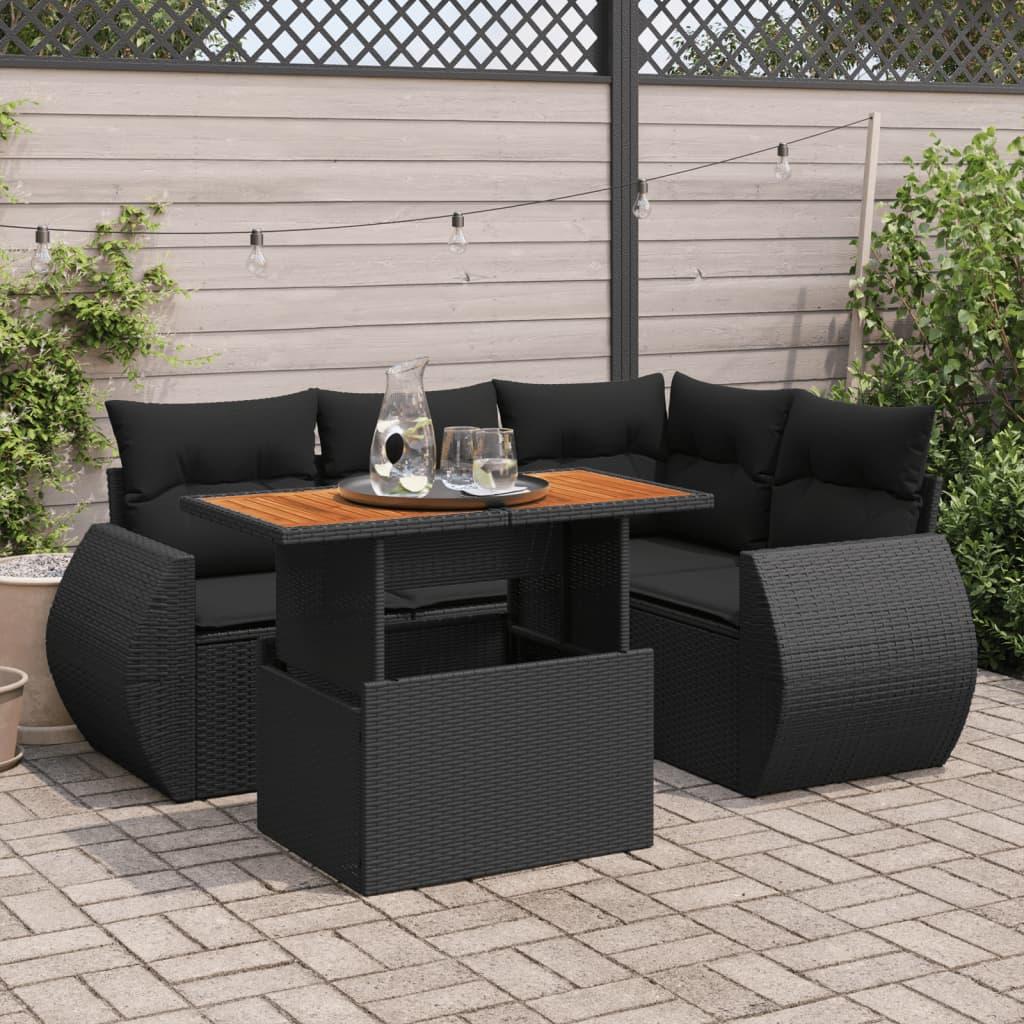 5 Piece Garden Sofa Set with Cushions Black Poly Rattan