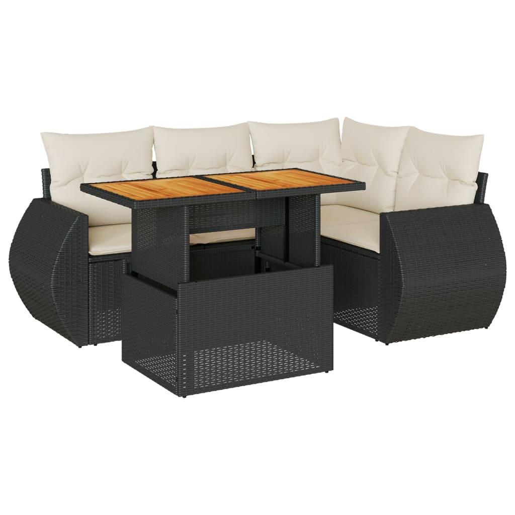 5 Piece Garden Sofa Set with Cushions Black Poly Rattan