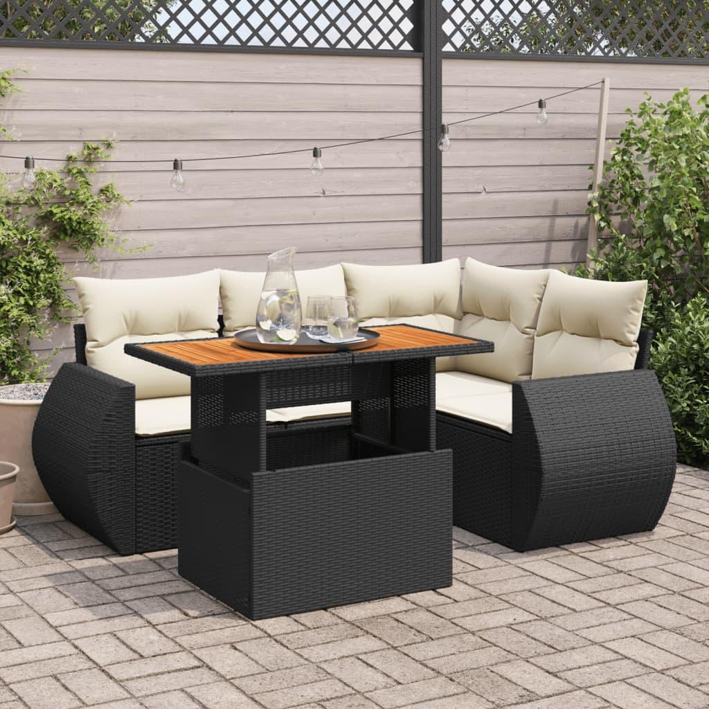 5 Piece Garden Sofa Set with Cushions Black Poly Rattan