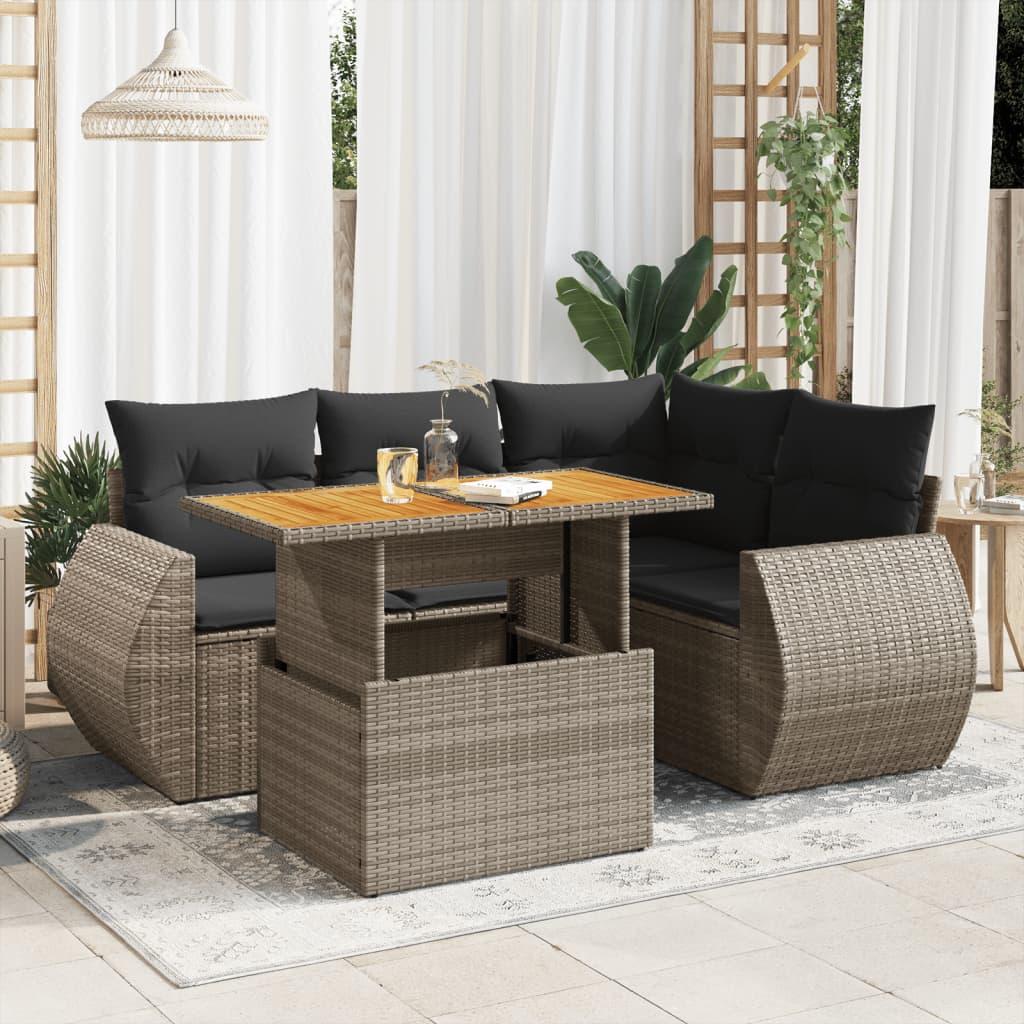 5 Piece Garden Sofa Set with Cushions Grey Poly Rattan