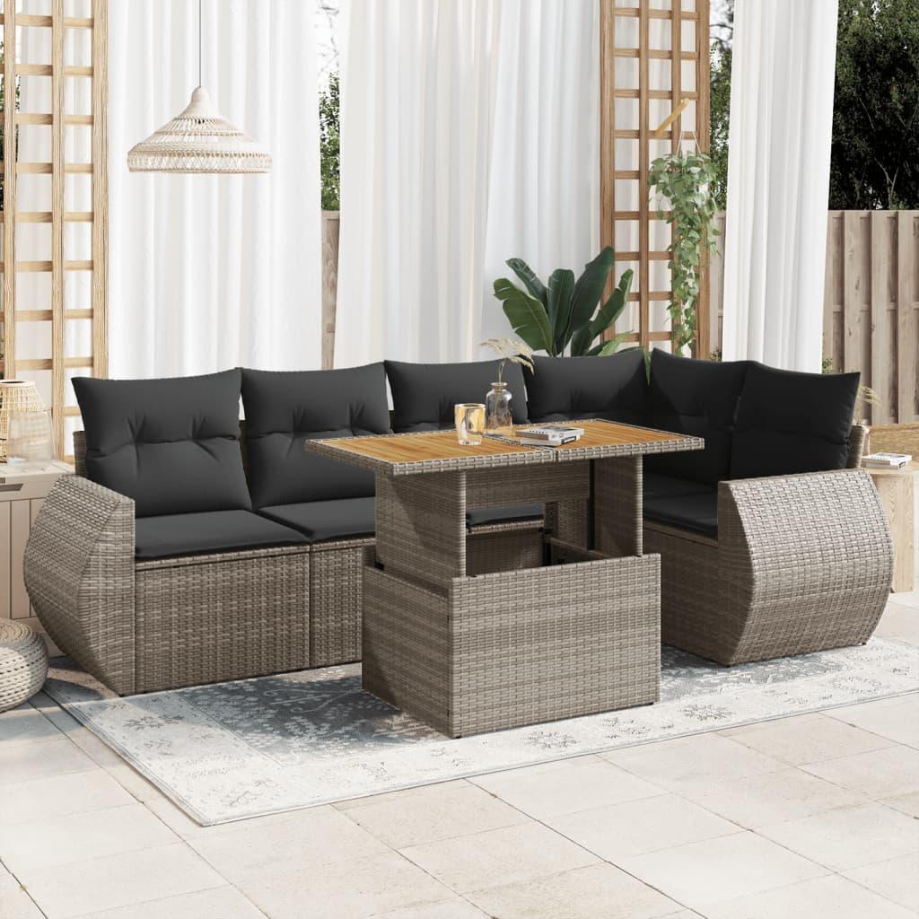 6 Piece Garden Sofa Set with Cushions Grey Poly Rattan