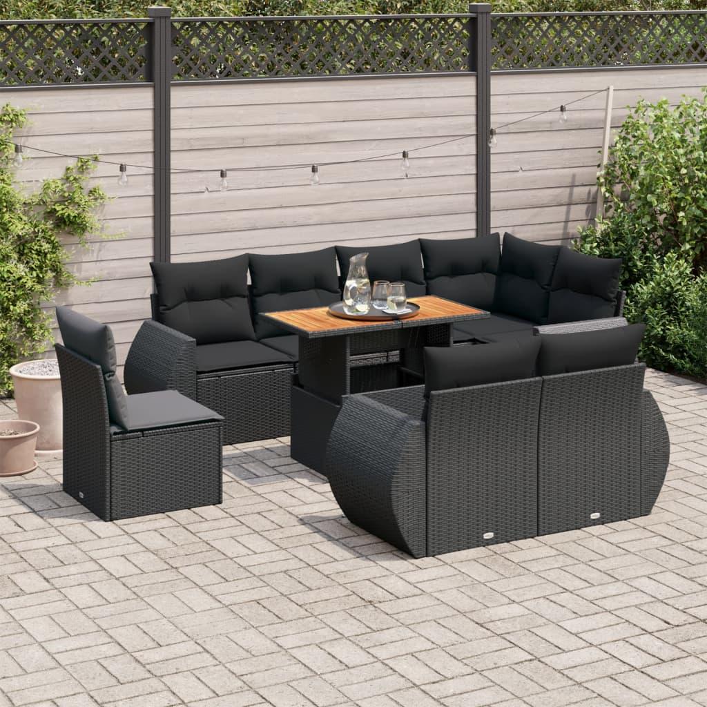 9 Piece Garden Sofa Set with Cushions Black Poly Rattan