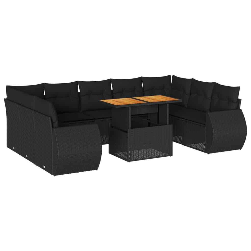 10 Piece Garden Sofa Set with Cushions Black Poly Rattan