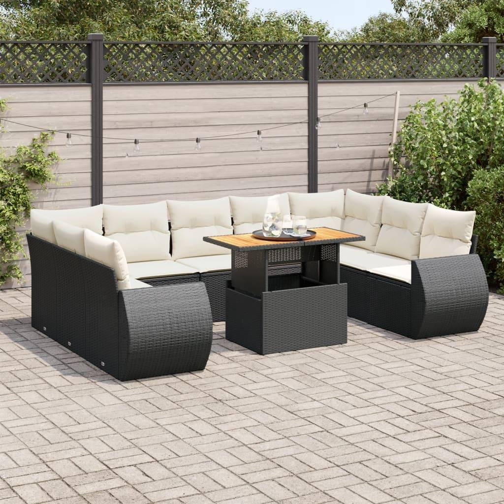 10 Piece Garden Sofa Set with Cushions Black Poly Rattan