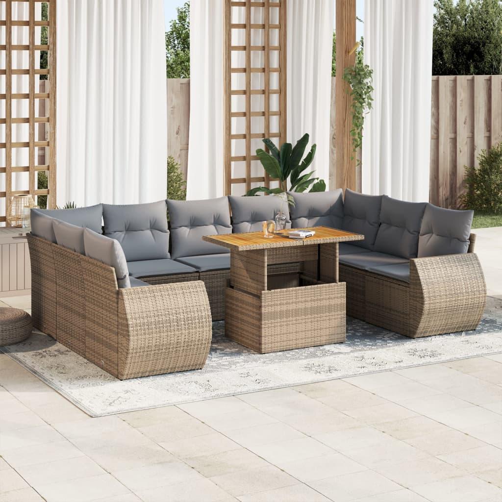 10 Piece Garden Sofa Set with Cushions Beige Poly Rattan