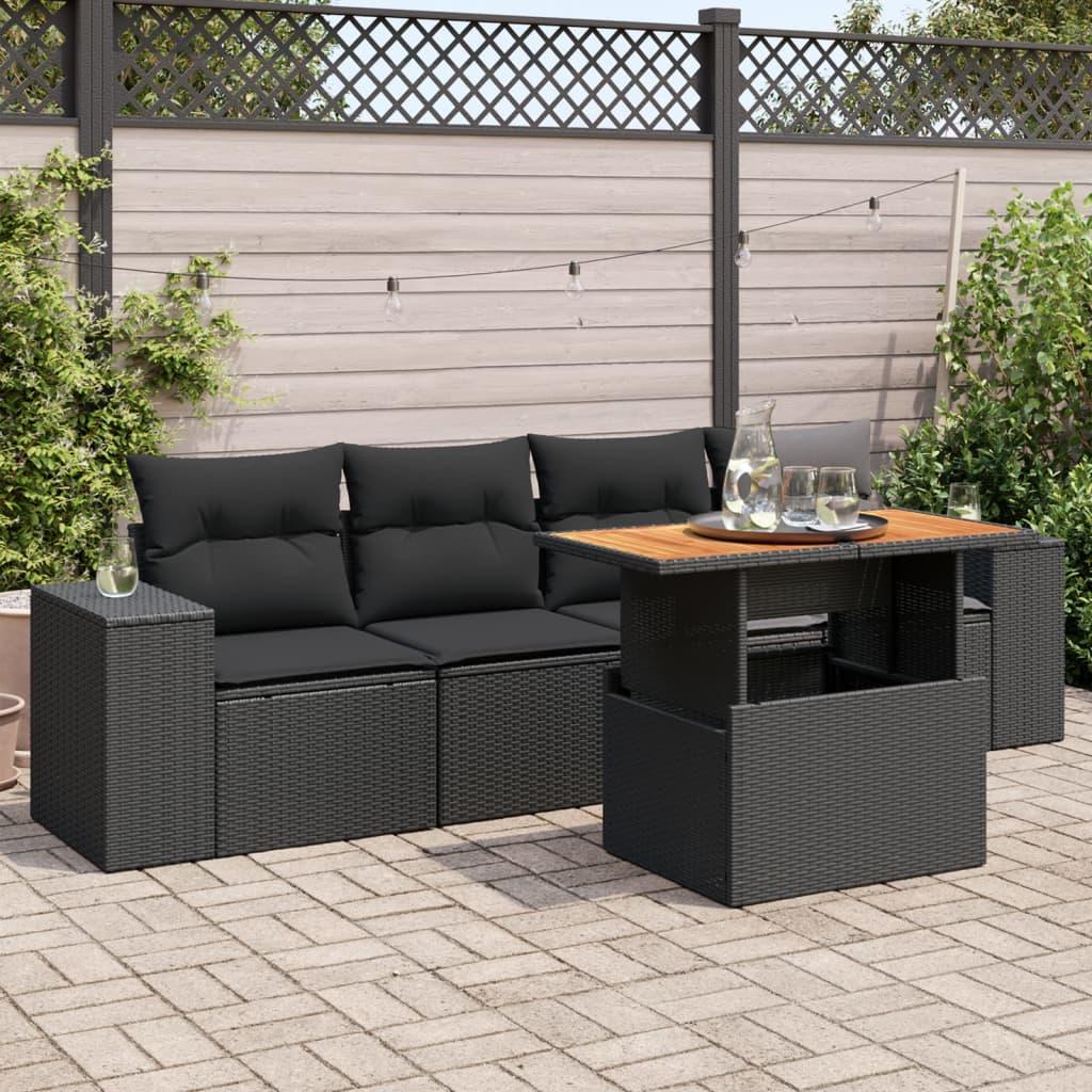 5 Piece Garden Sofa Set with Cushions Black Poly Rattan