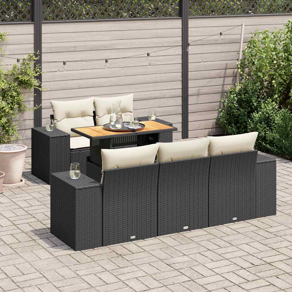 6 Piece Garden Sofa Set with Cushions Black Poly Rattan