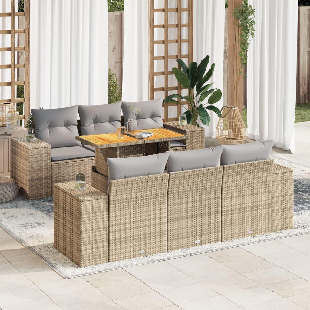 7 Piece Garden Sofa Set with Cushions Beige Poly Rattan