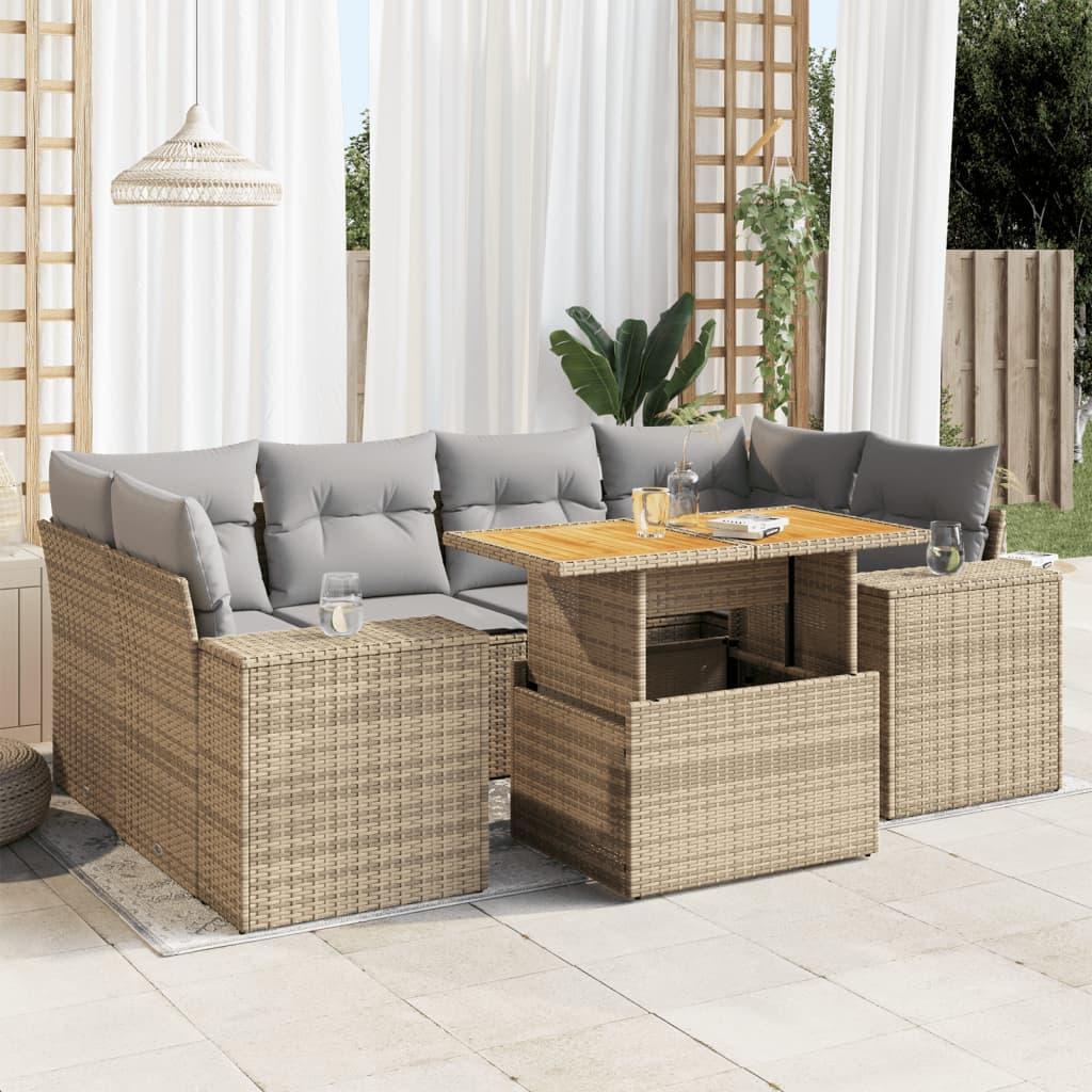 7 Piece Garden Sofa Set with Cushions Beige Poly Rattan