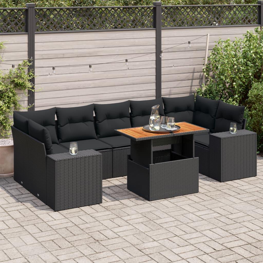 8 Piece Garden Sofa Set with Cushions Black Poly Rattan