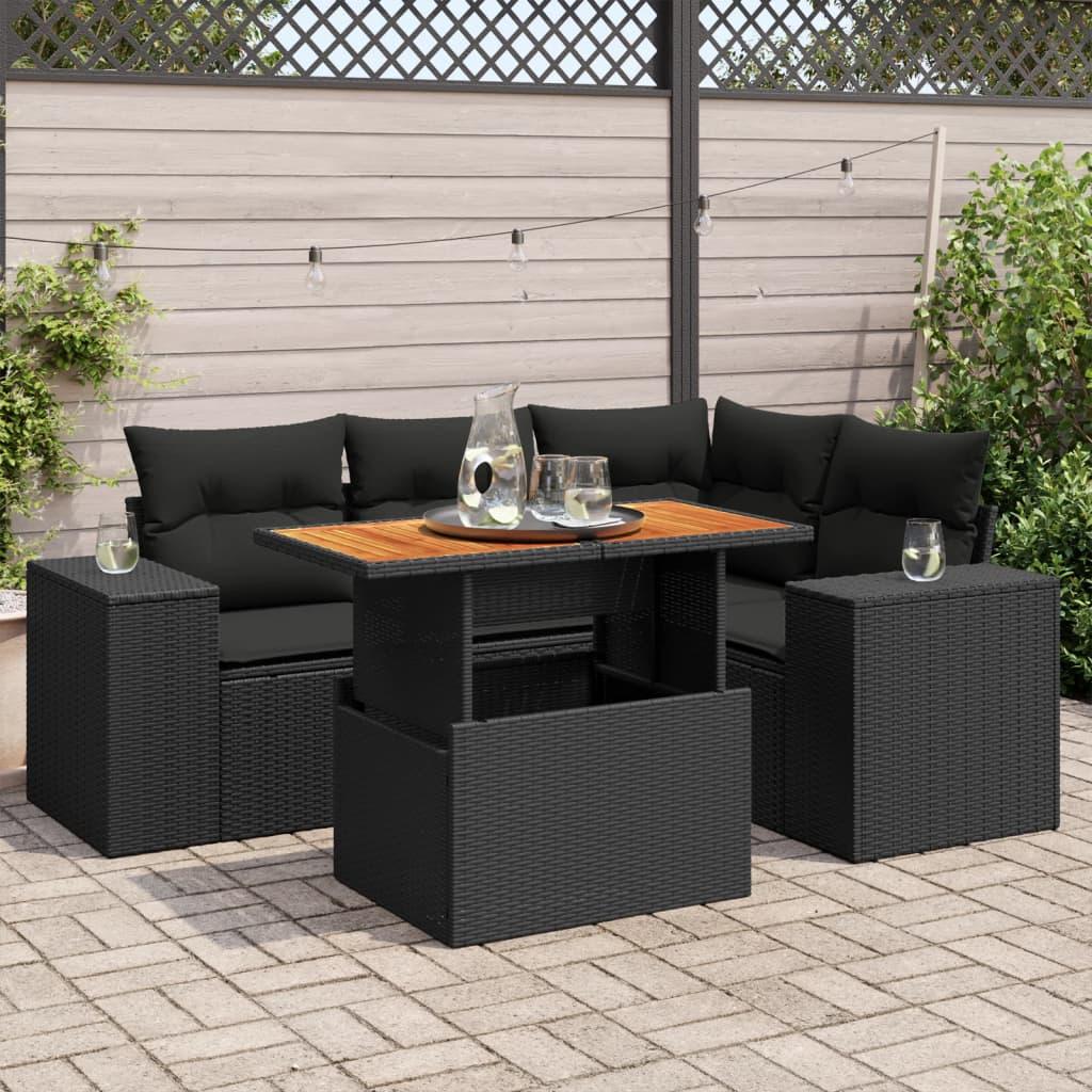5 Piece Garden Sofa Set with Cushions Black Poly Rattan