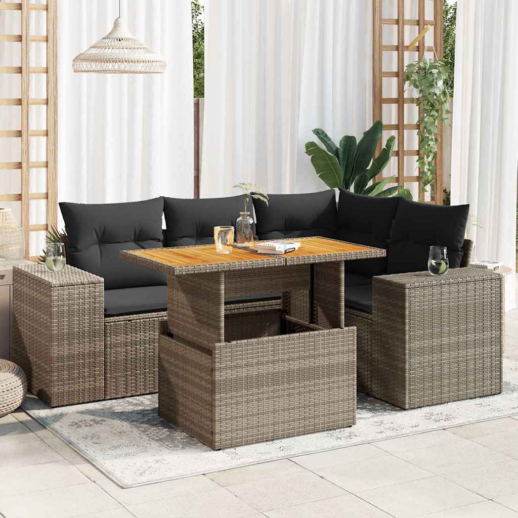 5 Piece Garden Sofa Set with Cushions Grey Poly Rattan