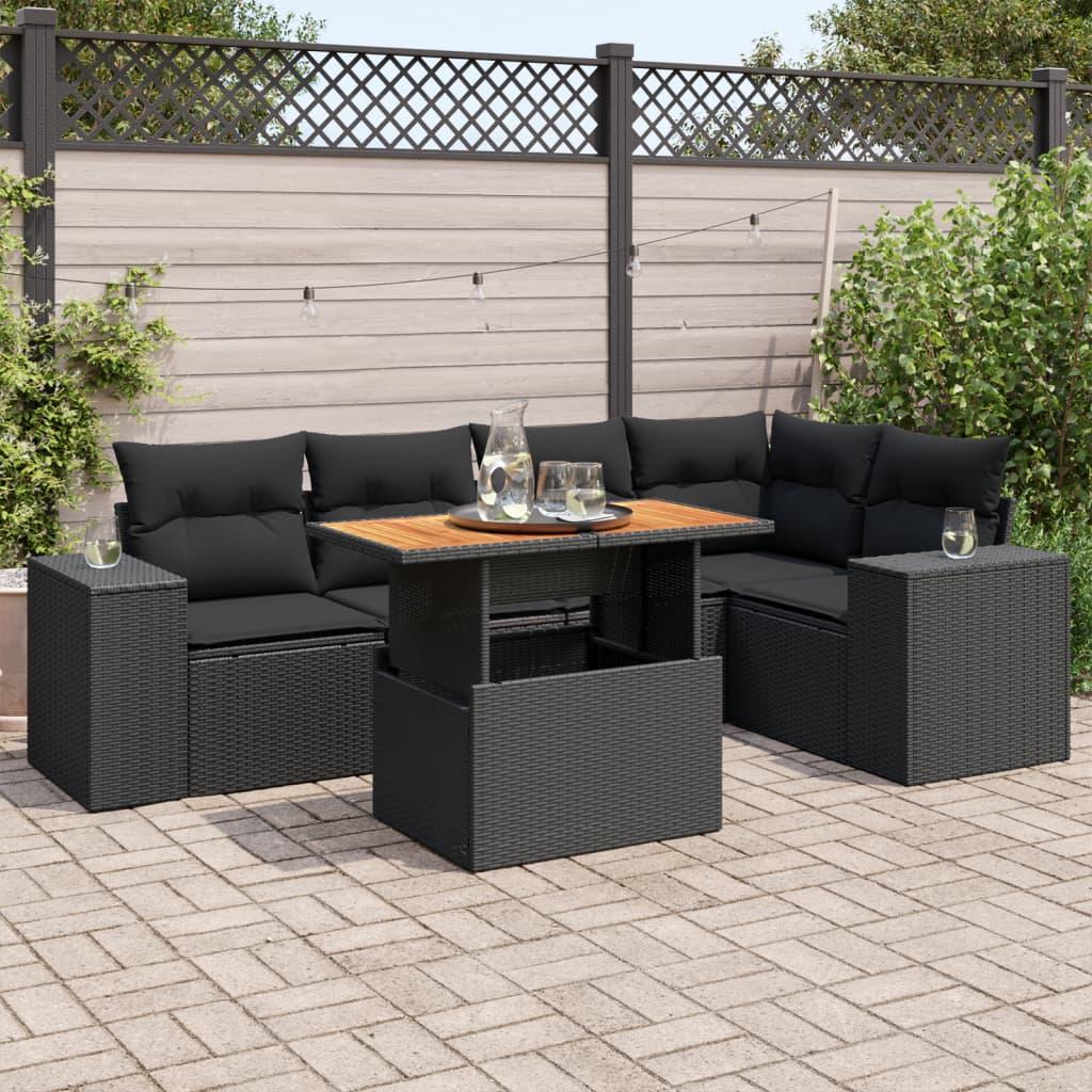 6 Piece Garden Sofa Set with Cushions Black Poly Rattan