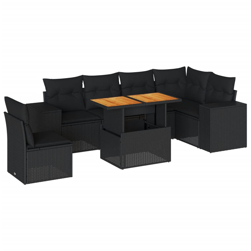 7 Piece Garden Sofa Set with Cushions Black Poly Rattan