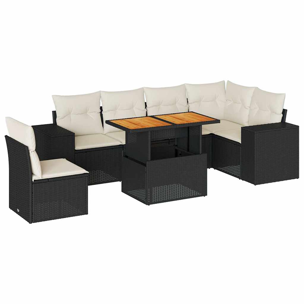 7 Piece Garden Sofa Set with Cushions Black Poly Rattan