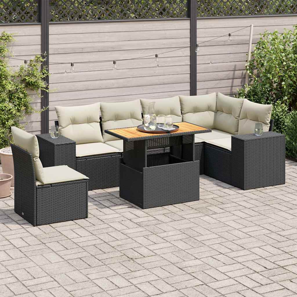 7 Piece Garden Sofa Set with Cushions Black Poly Rattan