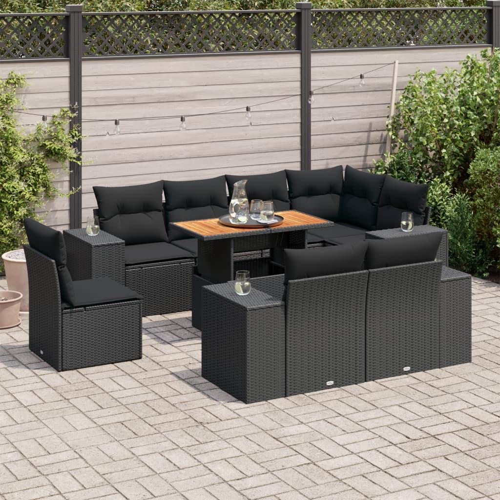 9 Piece Garden Sofa Set with Cushions Black Poly Rattan