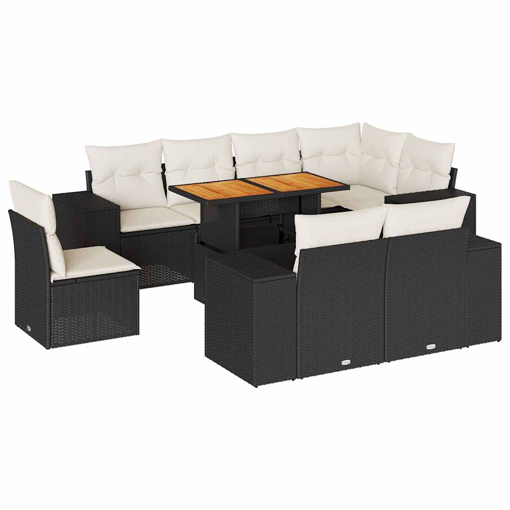 9 Piece Garden Sofa Set with Cushions Black Poly Rattan
