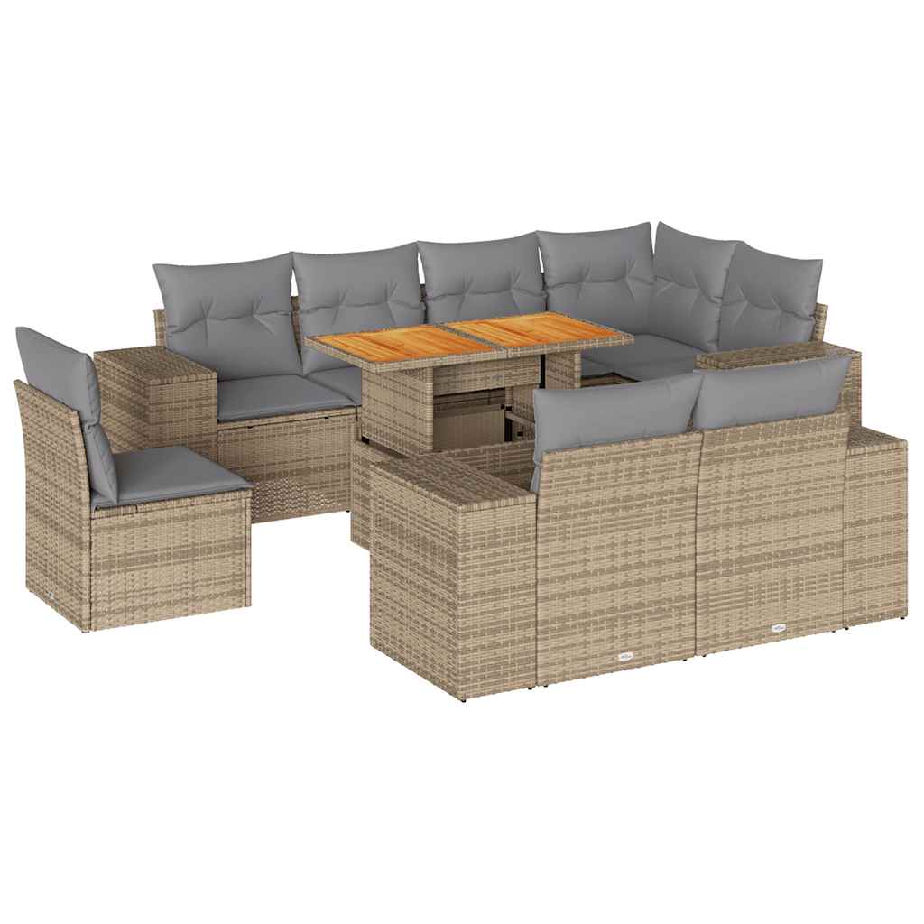 9 Piece Garden Sofa Set with Cushions Beige Poly Rattan