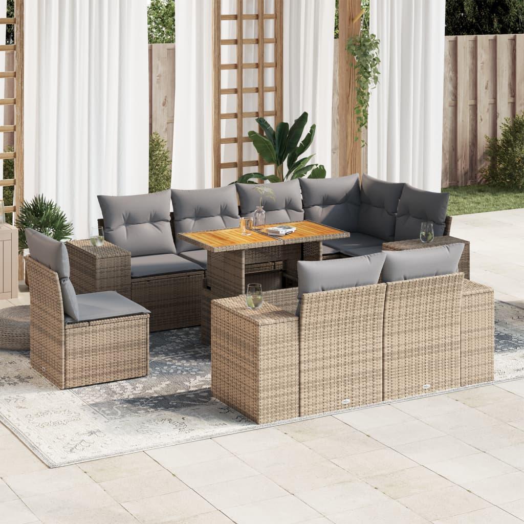 9 Piece Garden Sofa Set with Cushions Beige Poly Rattan