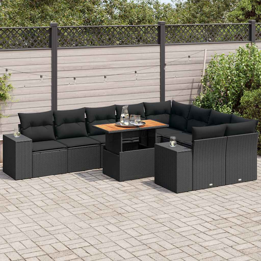 10 Piece Garden Sofa Set with Cushions Black Poly Rattan Acacia