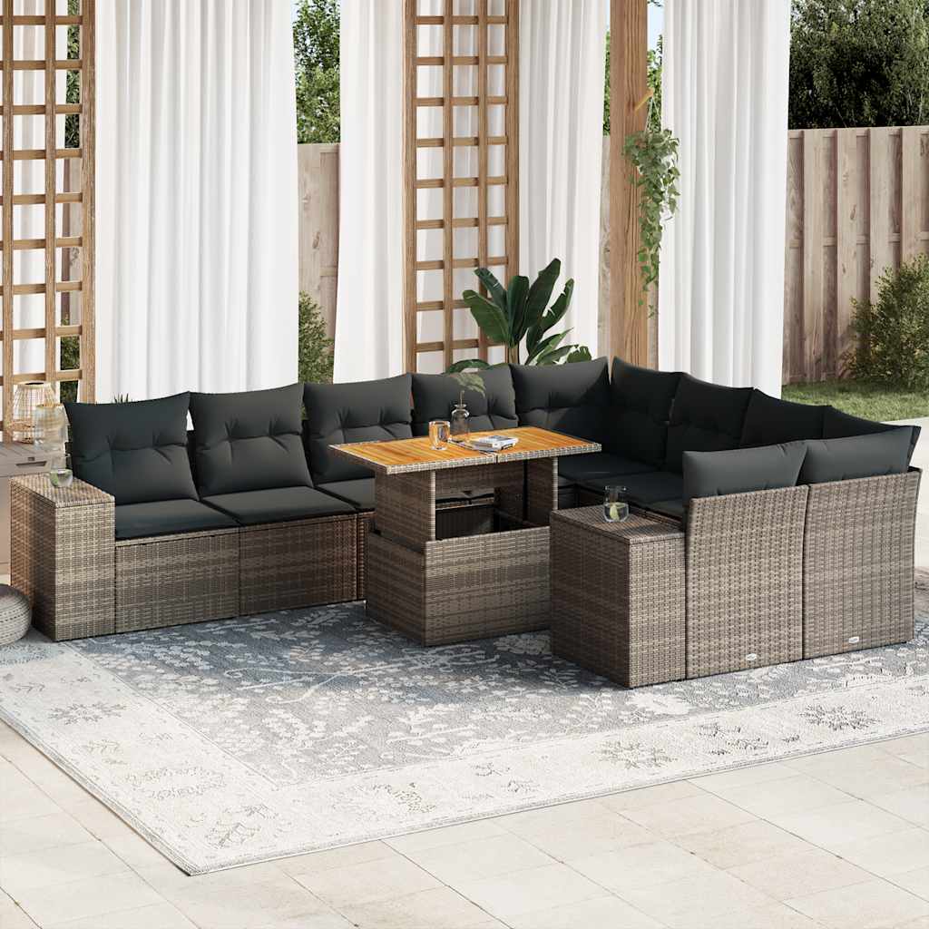 10 Piece Garden Sofa Set with Cushions Grey Poly Rattan Acacia