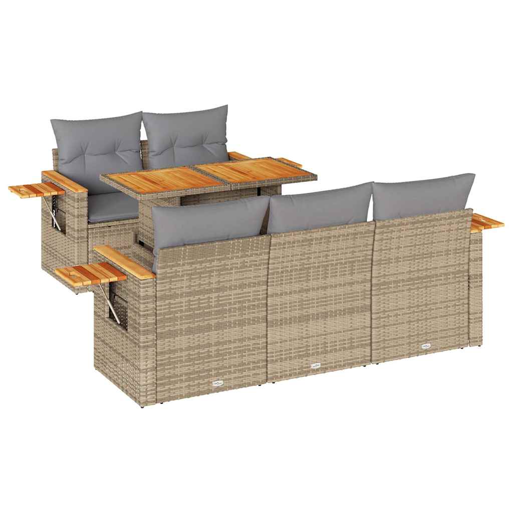 6 Piece Garden Sofa Set with Cushions Beige Poly Rattan Acacia