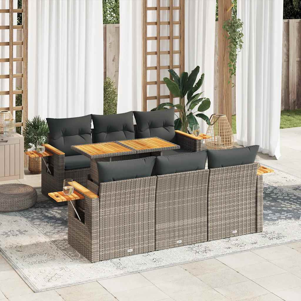 7 Piece Garden Sofa Set with Cushions Grey Poly Rattan Acacia