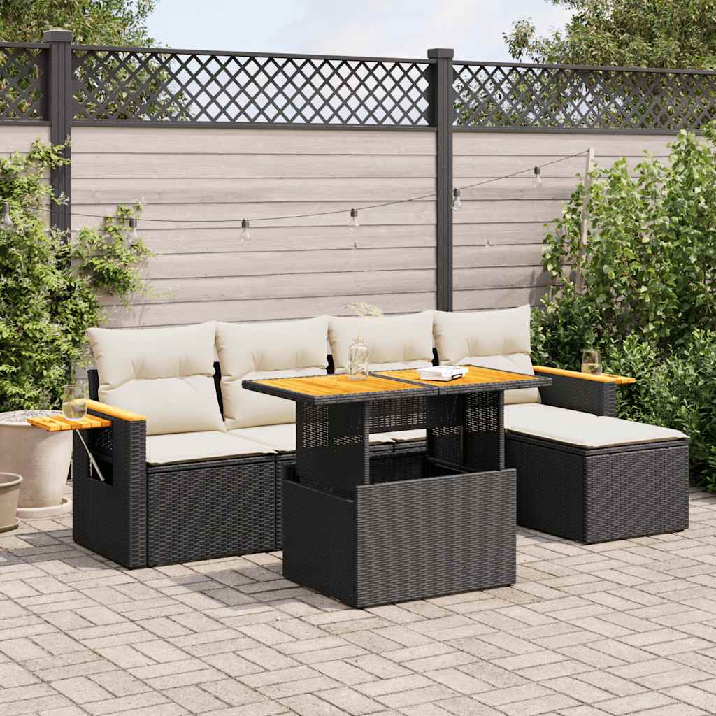 7 Piece Garden Sofa Set with Cushions Black Poly Rattan Acacia