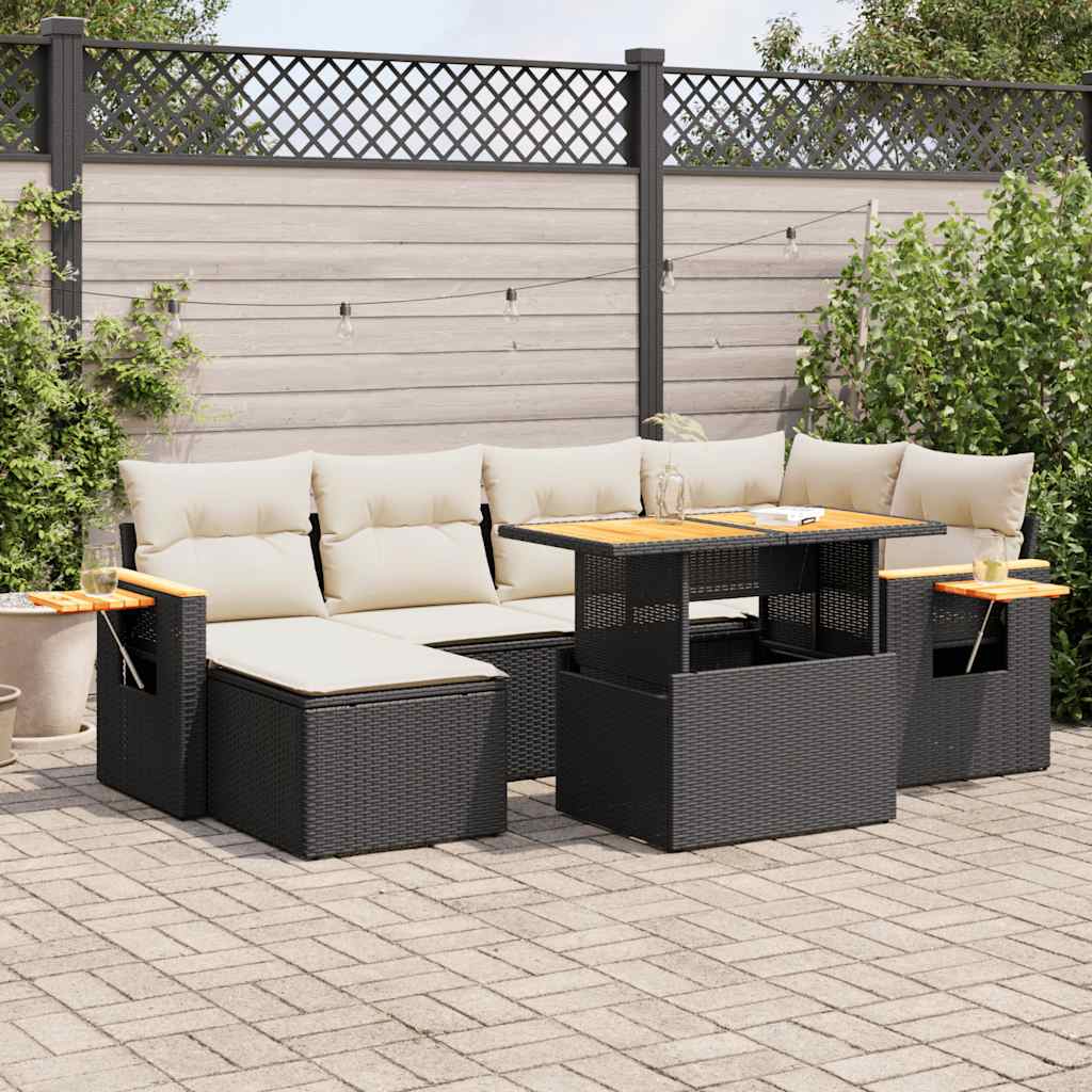 7 Piece Garden Sofa Set with Cushions Black Poly Rattan Acacia