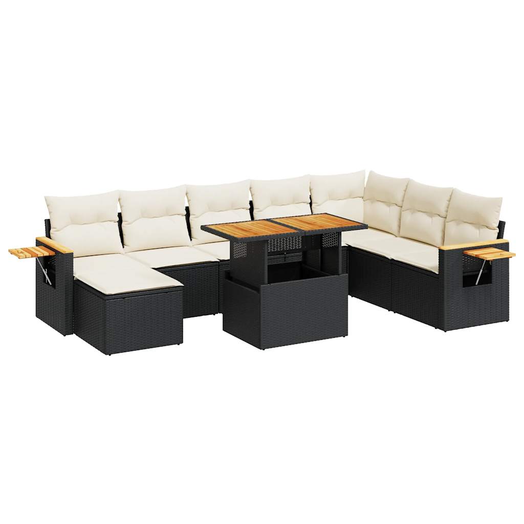 7 Piece Garden Sofa Set with Cushions Black Poly Rattan Acacia