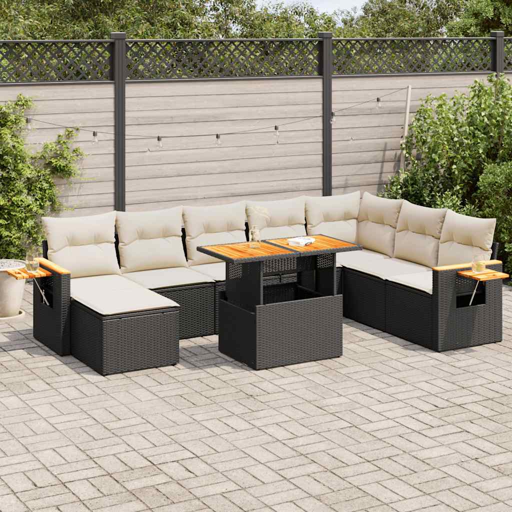 7 Piece Garden Sofa Set with Cushions Black Poly Rattan Acacia