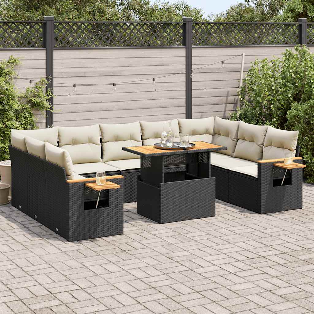 10 Piece Garden Sofa Set with Cushions Black Poly Rattan Acacia