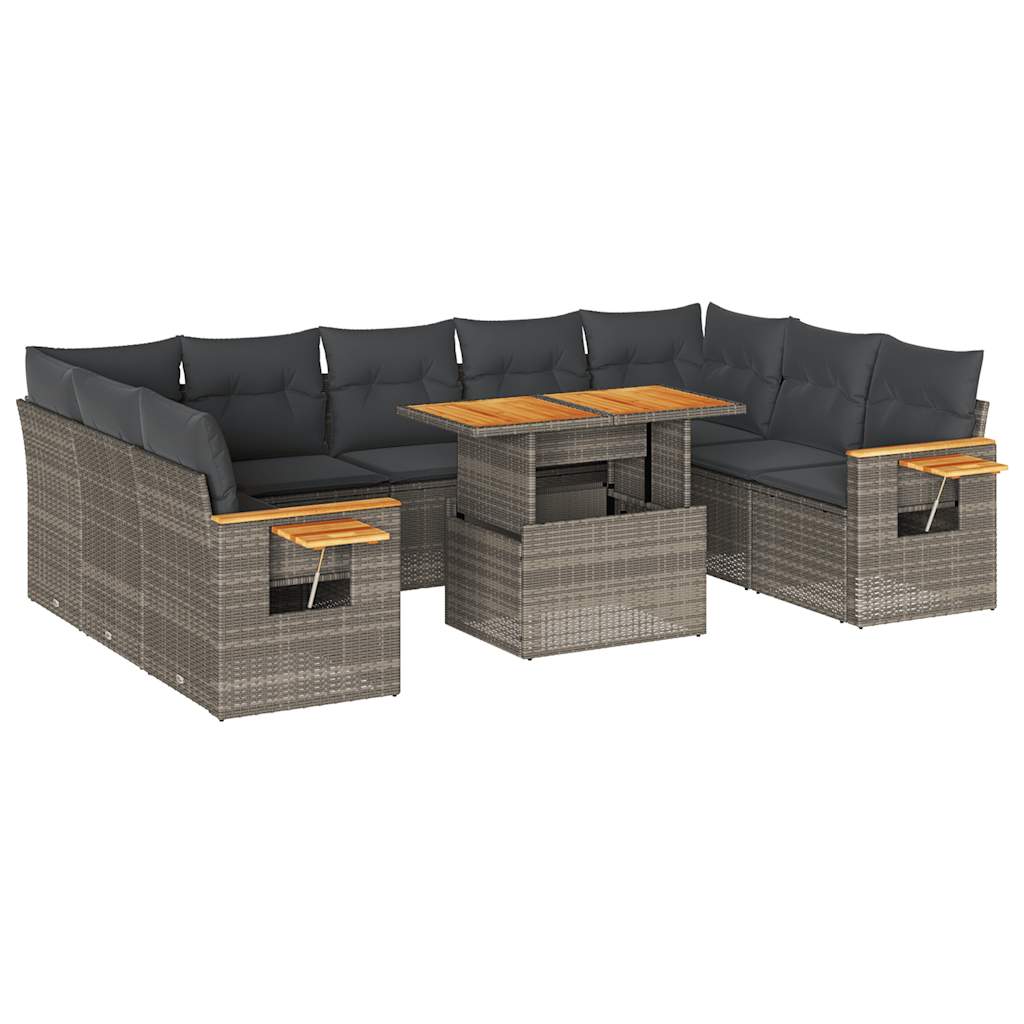 10 Piece Garden Sofa Set with Cushions Grey Poly Rattan Acacia