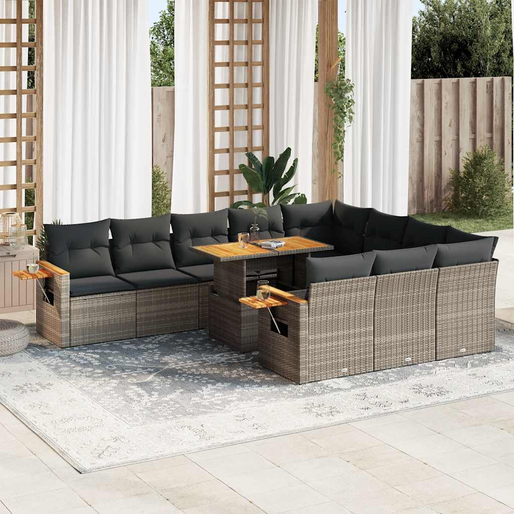 10 Piece Garden Sofa Set with Cushions Grey Poly Rattan Acacia