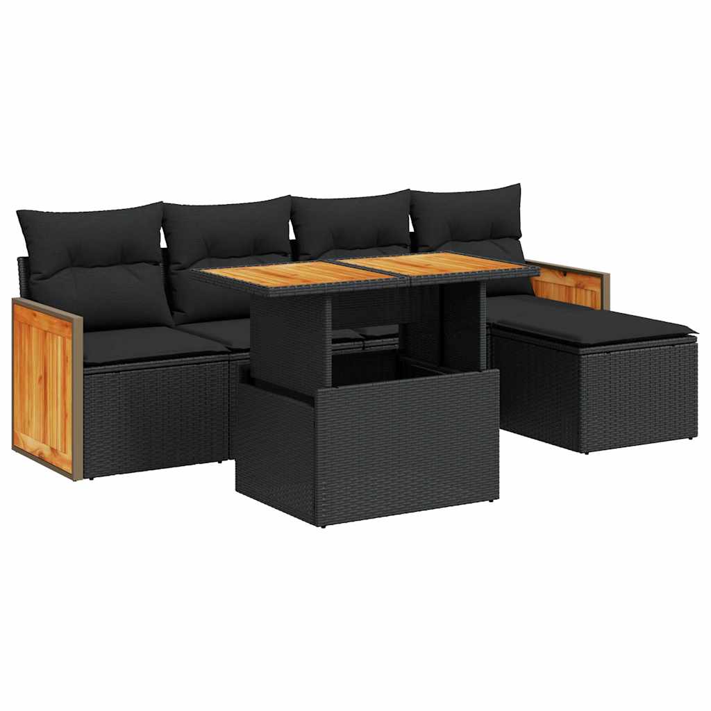 6 Piece Garden Sofa Set with Cushions Black Poly Rattan Acacia