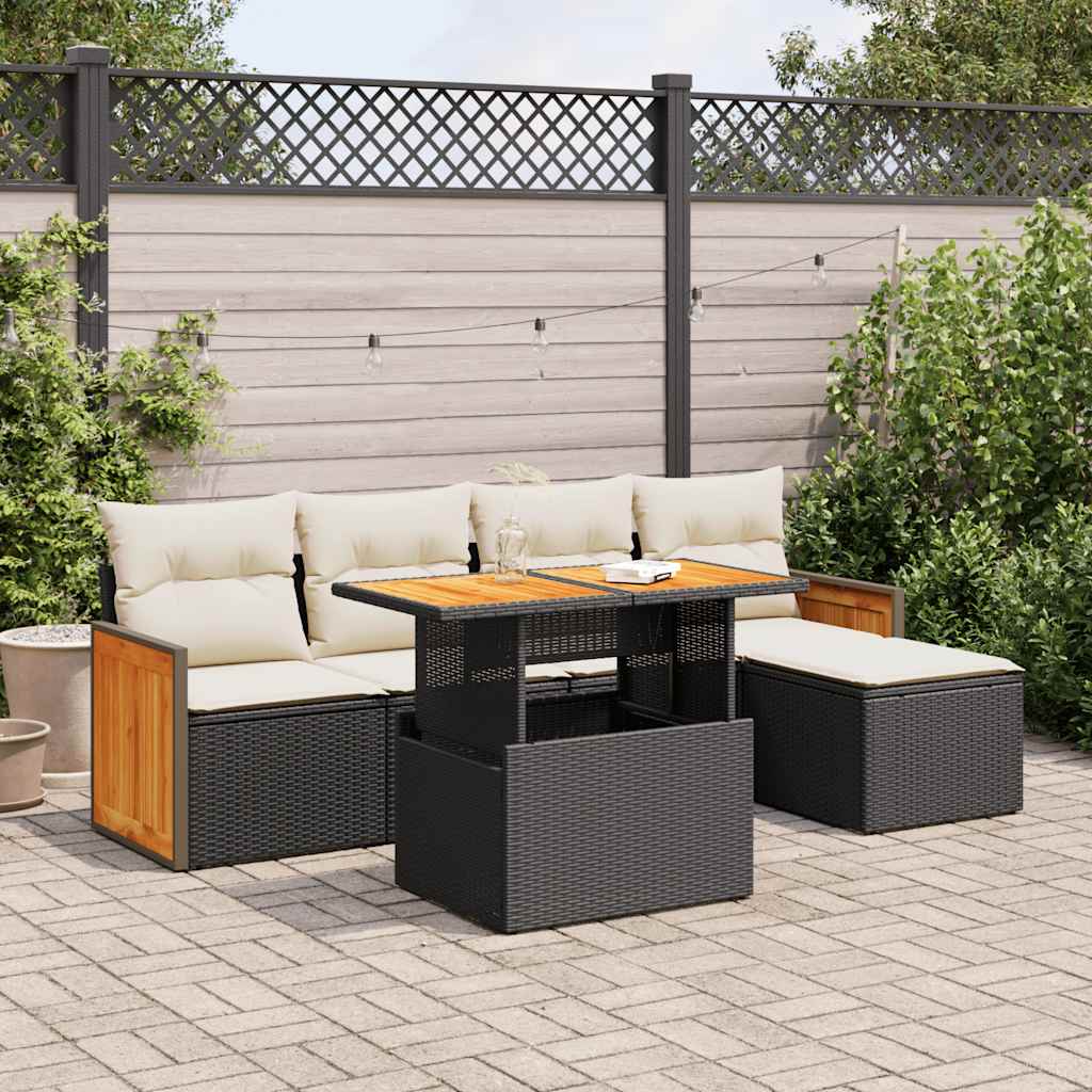 6 Piece Garden Sofa Set with Cushions Black Poly Rattan Acacia