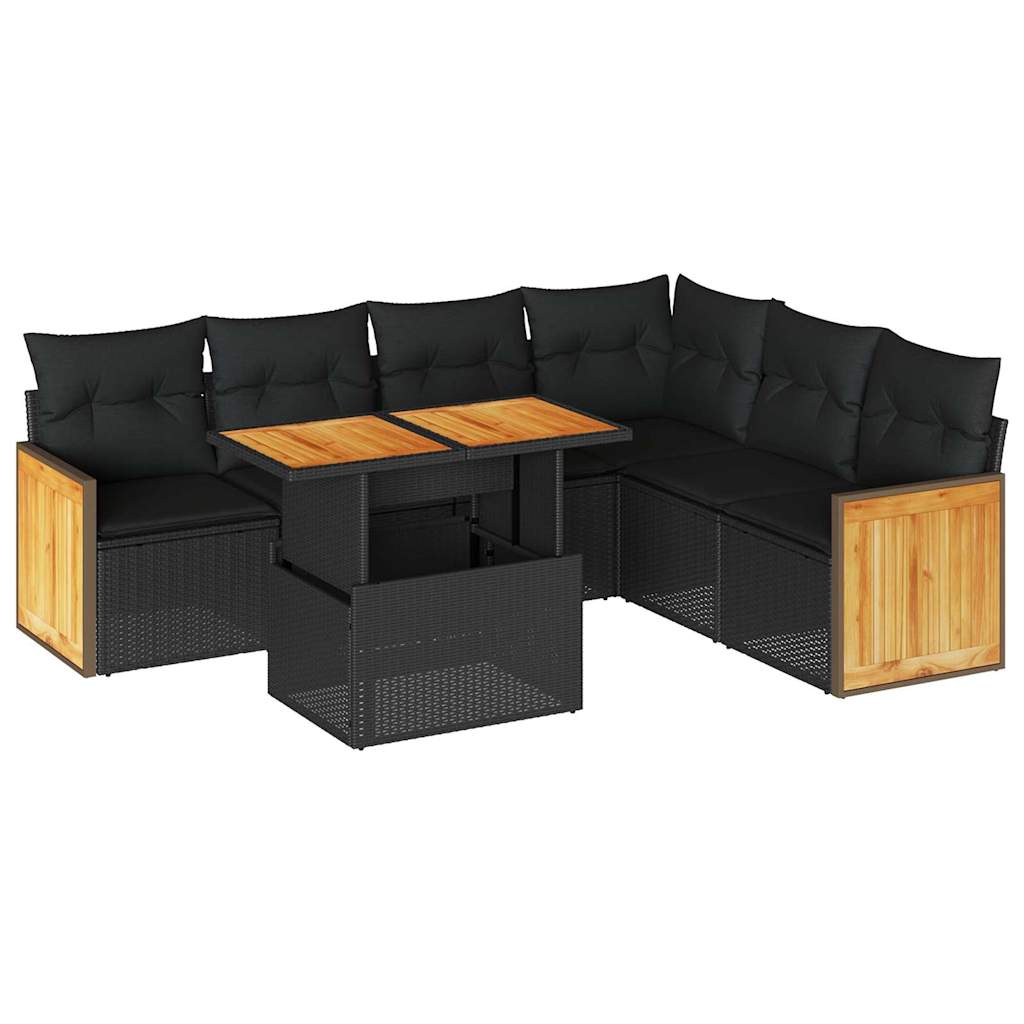 7 Piece Garden Sofa Set with Cushions Black Poly Rattan Acacia