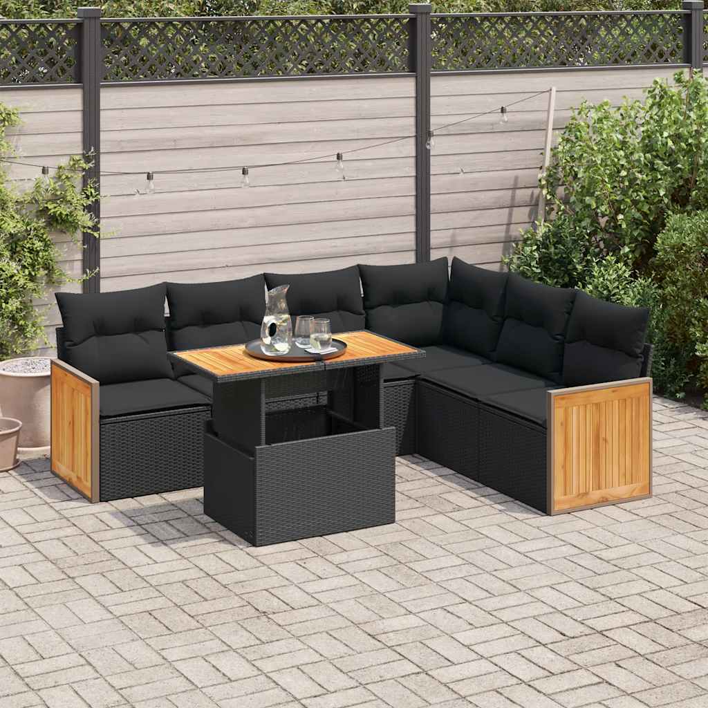 7 Piece Garden Sofa Set with Cushions Black Poly Rattan Acacia