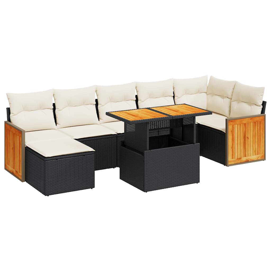 7 Piece Garden Sofa Set with Cushions Black Poly Rattan Acacia