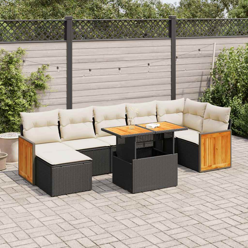 7 Piece Garden Sofa Set with Cushions Black Poly Rattan Acacia