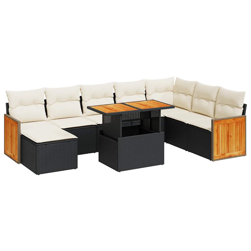 7 Piece Garden Sofa Set with Cushions Black Poly Rattan Acacia