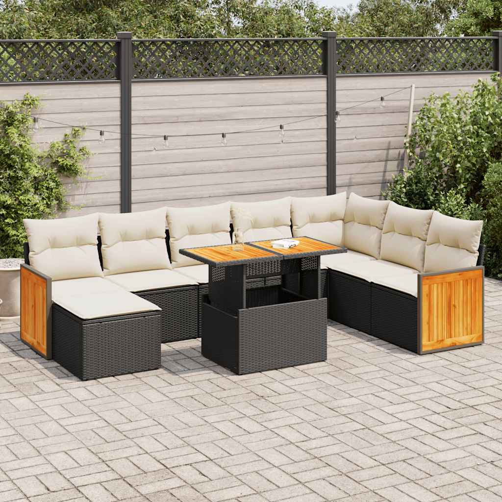 7 Piece Garden Sofa Set with Cushions Black Poly Rattan Acacia