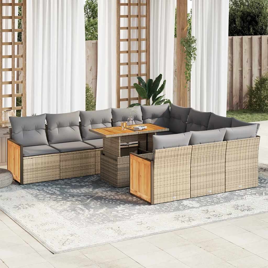 11 Piece Garden Sofa Set with Cushions Beige Poly Rattan Acacia