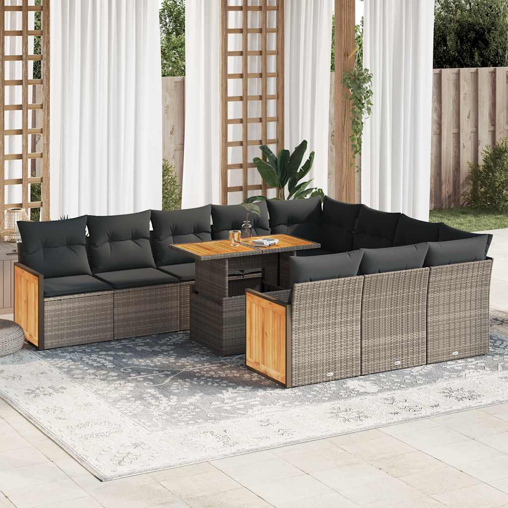 11 Piece Garden Sofa Set with Cushions Grey Poly Rattan Acacia