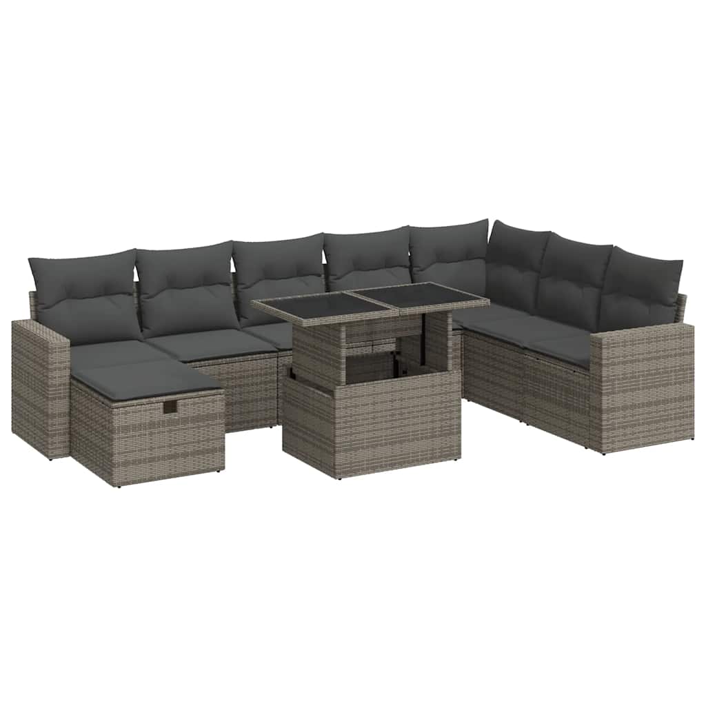 9 Piece Garden Sofa Set with Cushions Grey Poly Rattan