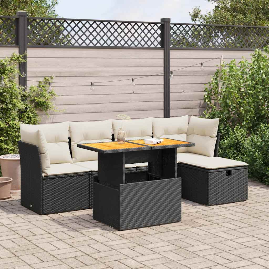 6 Piece Garden Sofa Set with Cushions Black Poly Rattan Acacia